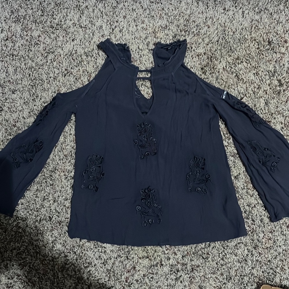 Navy Off-Shoulder Lace Long Sleeve Top